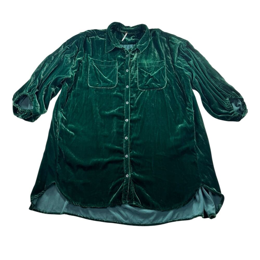 Free People Lux Velvet Shirt Dress XS Mini Relaxed Whimsigoth Oversized Green